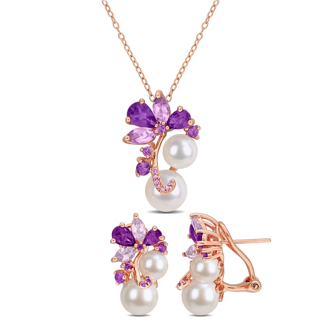 Miadora Sterling Silver Cultured Freshwater Pearl and Gemstone Necklace and Earring Set