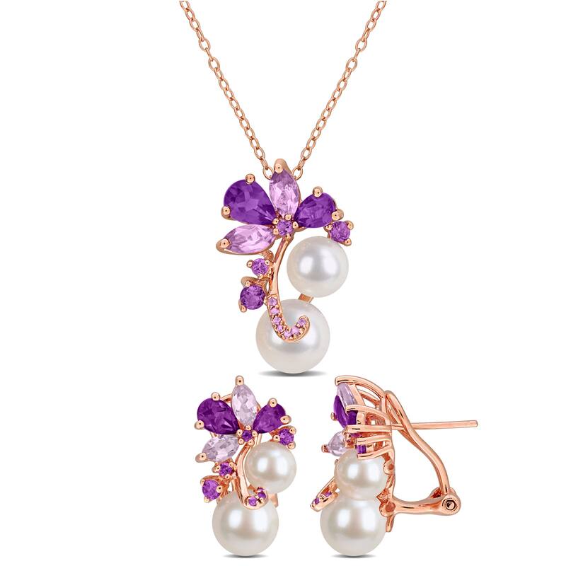 Miadora Sterling Silver Cultured Freshwater Pearl and Gemstone Necklace and Earring Set - Purple