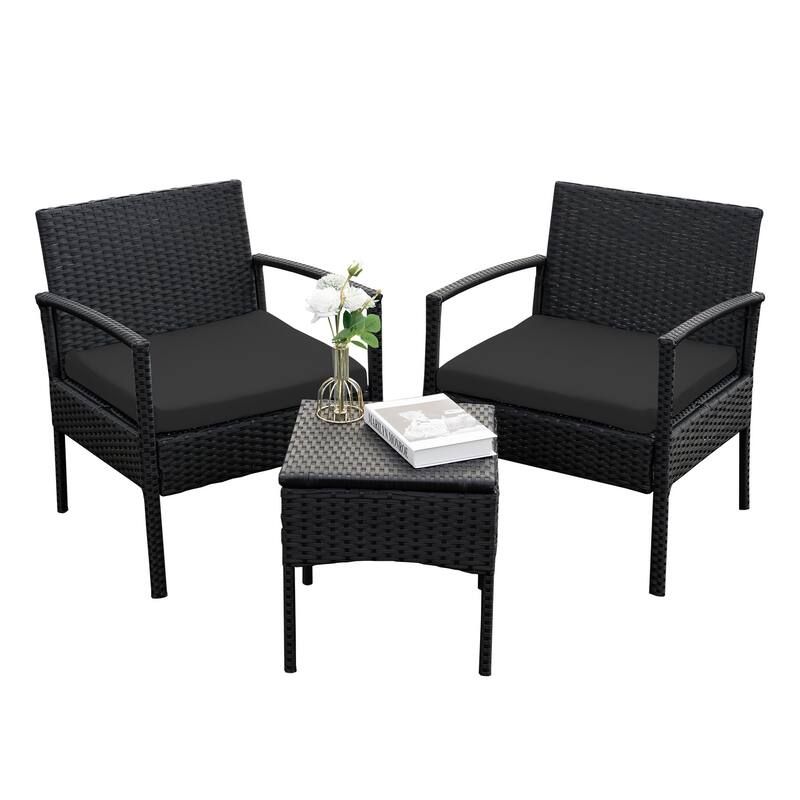 Outdoor Furniture 3 Piece Patio Bistro Furniture Set, Rattan Conversation Chairs Set with Side Table and Cushions