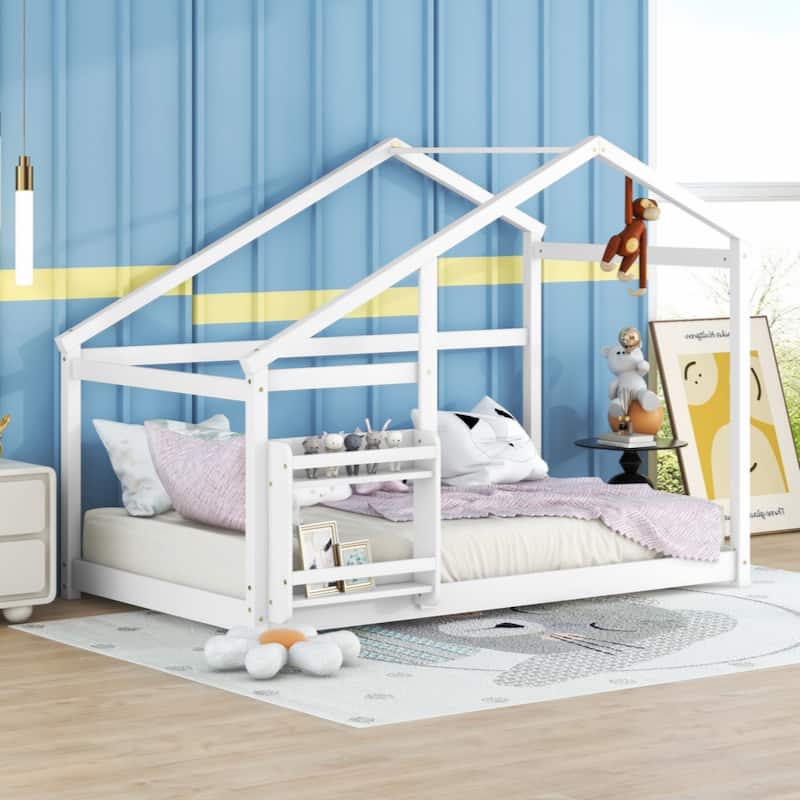 Twin Size Wooden House Bed, Twin Floor Wooden Bed with Shelf - White