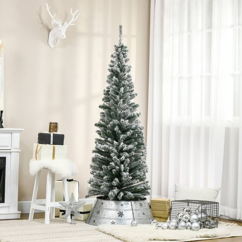 6' Snow Flocked Slim Christmas Tree with Metal Base - Full Branch Tips