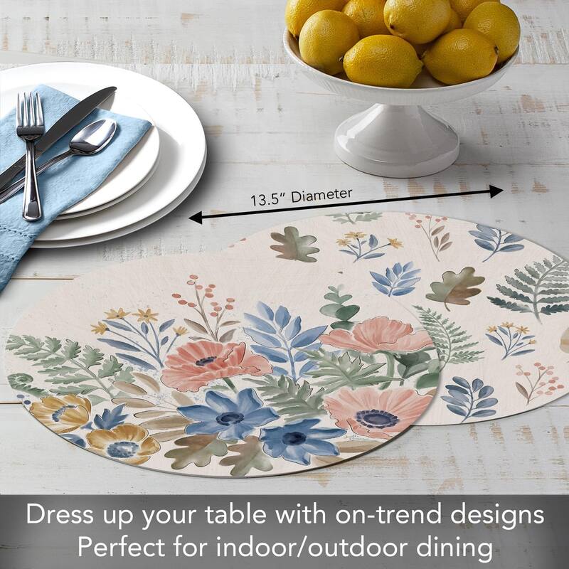 Botanical Blends 4 Pack Round Reversible Easy Care Flexible Plastic Placemats Made in The USA Reversible Flexible, Wipes Clean