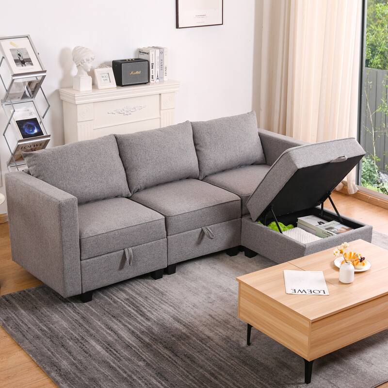 87" Burlap L-Shaped Modular 3-Seater Sofa with Ottoman & Storage
