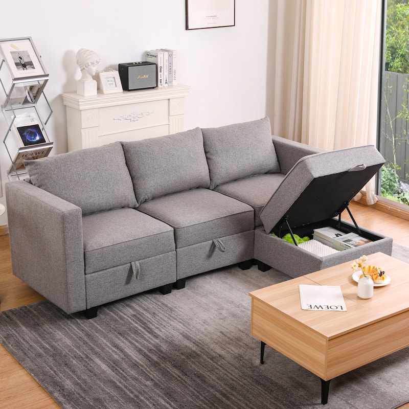 Small Sectional Sofa Modular L Shaped Couch 3 Seater Sectional Couch Convertible Chaise Ottoman with Dark Grey