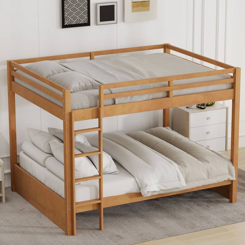 Wood Queen Size Bunk Bed with Ladder and Guardrails, No Box Spring Required - Natural