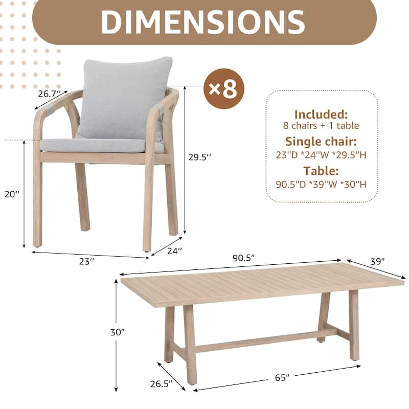 Outdoor Rope Dining Chair and Wood Dining Table Set of 9