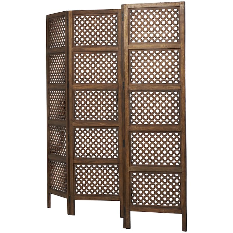 Wooden Floral Handmade Hinged Foldable 4 Panel Room Divider Screen with Intricately Carved Designs - Brown - Roche River Decor