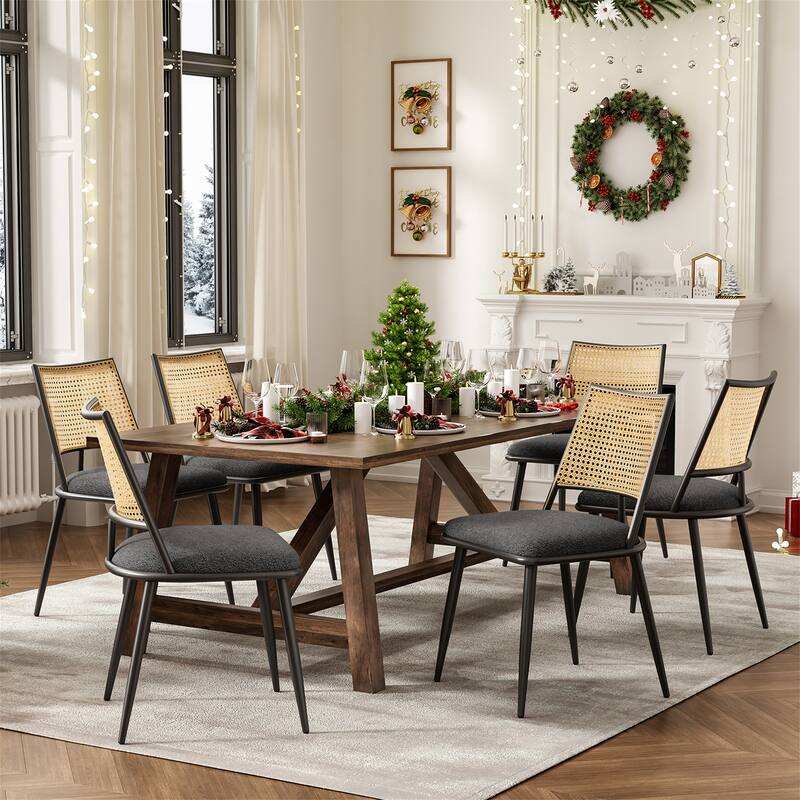 Set of 2 Mid-Century Modern Dining Chairs with Rattan Backrest