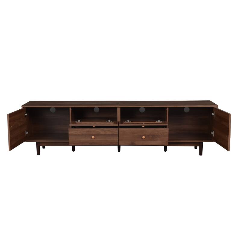 Modern Stylish Rattan TV Stand for TVs up to 85" with 2 Drawers and 2 Pull-down Cabinet Doors, for Living Rooms and Bedrooms