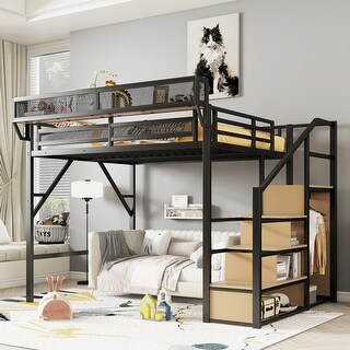 Queen Size Loft Bed with Stairs, Metal Queen Loft Bed with Storage Shelves, High Loft Bed with Wardrobe for Kids Teens Adults