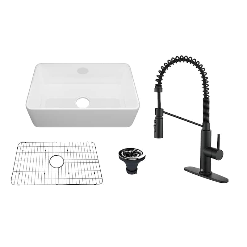 Farmhouse/Apron-Front Single Bowl Fireclay Kitchen Sink with 3-Function Pull-Down Kitchen Faucet, Grid, and Basket Strainer - 30" Glossy White Sink + Matte Black Faucet - 30 x 18 x 10