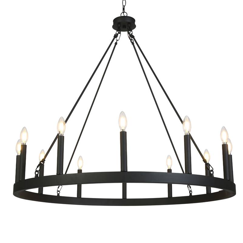 Modern Transitional Black 12-Light Wagon Wheel Chandelier for Living Dining Room - W39.4"*H36.6"