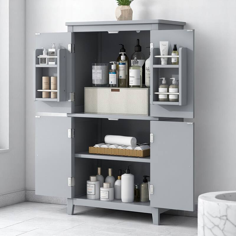 Tall Bathroom Floor Cabinet with Adjustable Shelves, Freestanding Storage Unit with 4 Doors