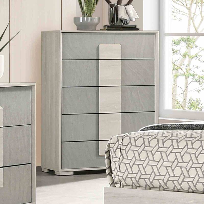 Contemporary Stone Gray Finish Bedroom Set LED Bed Nightstand Dresser Mirror Chest