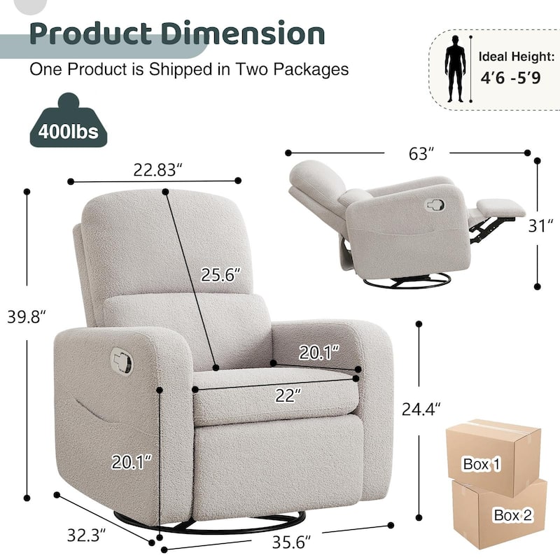 Swivel Manual Recliner Chair Teddy Fabric Nursery Glider Rocking Recliner Set of 2