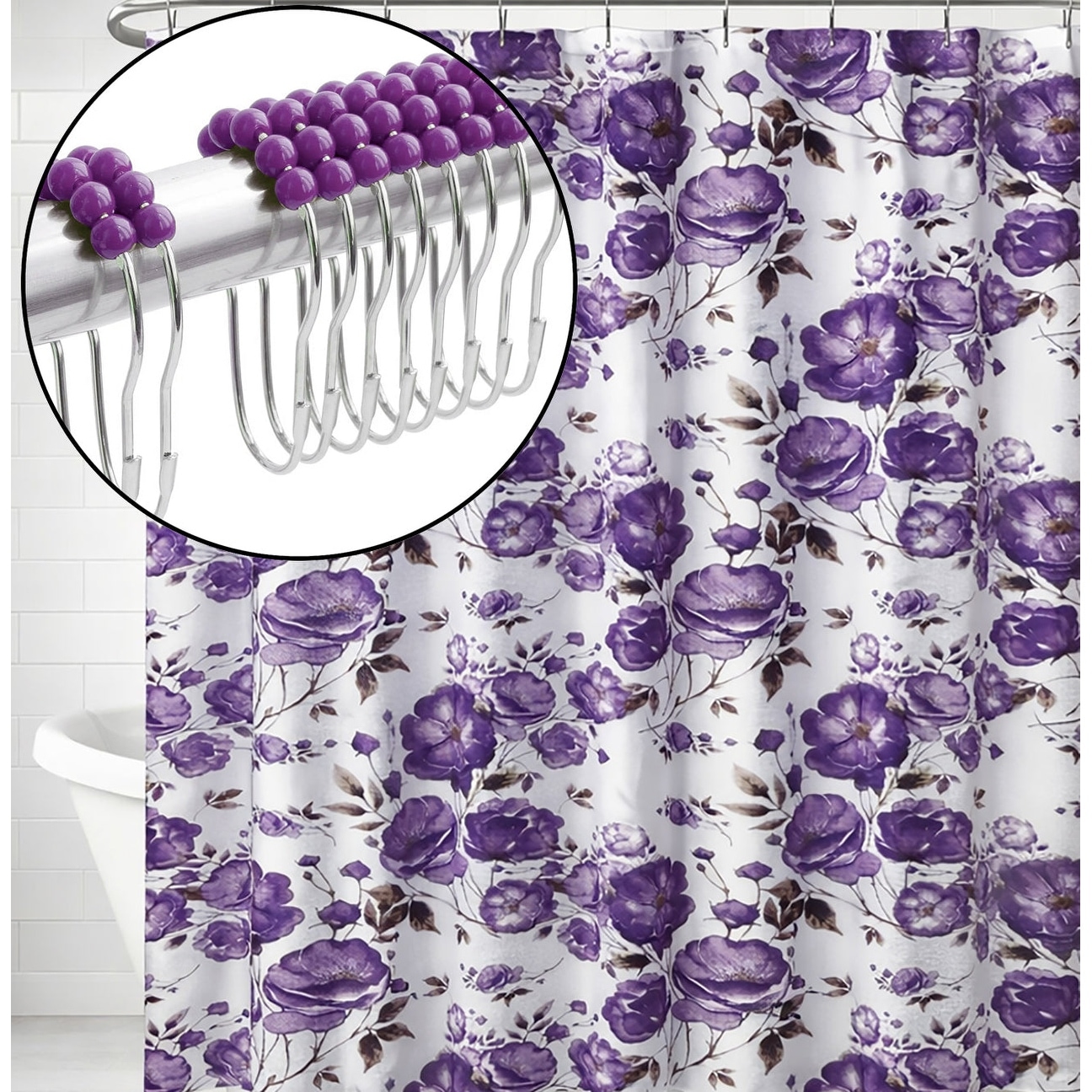 72" x 72" - Purple Floral Fabric Textured Glam luxury Shower Curtain With 12 Metal Roller Ball Hooks