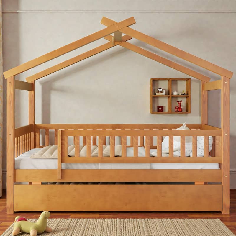 Twin/Full Wooden House Bed with Twin Trundle, Kids Platform Bed Frame with Roof Design, Solid Pine Wood