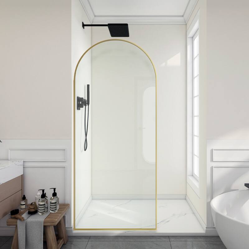 Ember Series 34 in. W x 78 in. H Fixed Framed Shower Door in Black, Gold or Nickel Finish with Clear or Fluted Glass