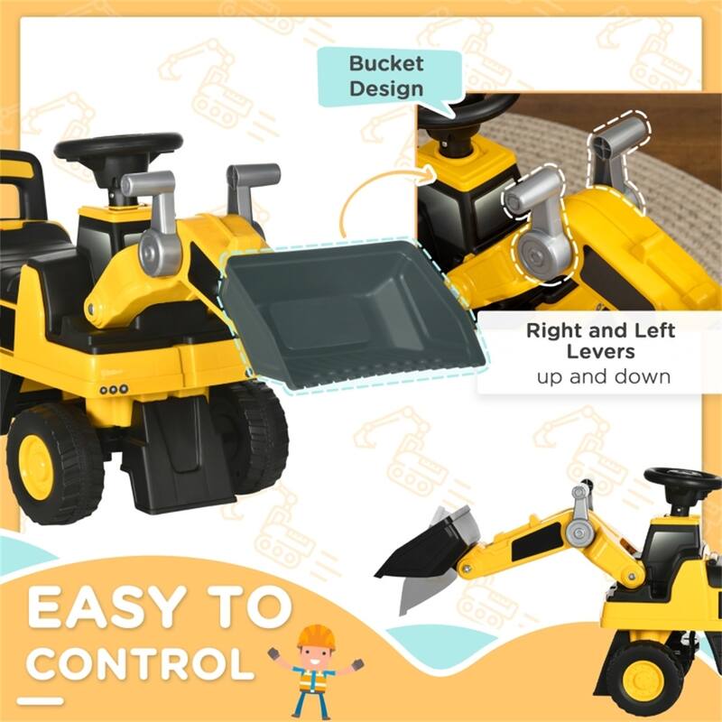 Kids Excavator Ride-On Car with Digging Bucket and Horn Anti-Roller Device and Smooth Tires - 30.7" L x 11.6" W x 21.3" H