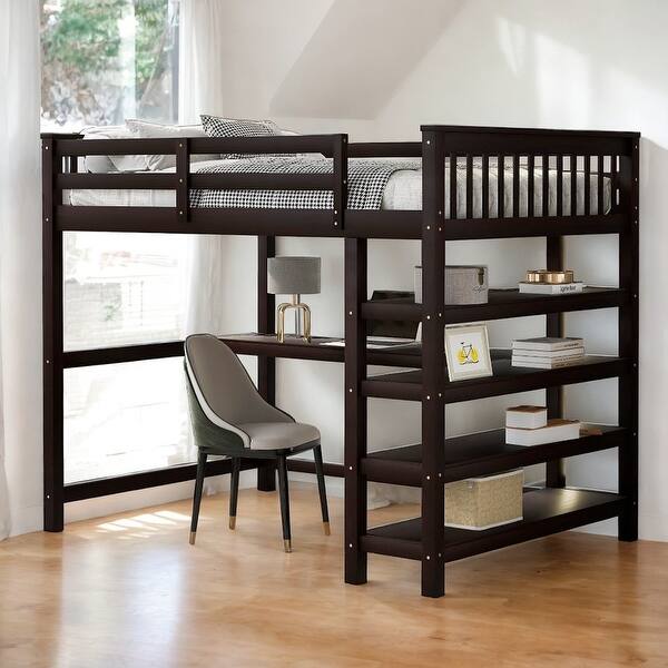 slide 2 of 16, Full Size Loft Bed with Storage Shelves and Under-bed Desk, Black Black