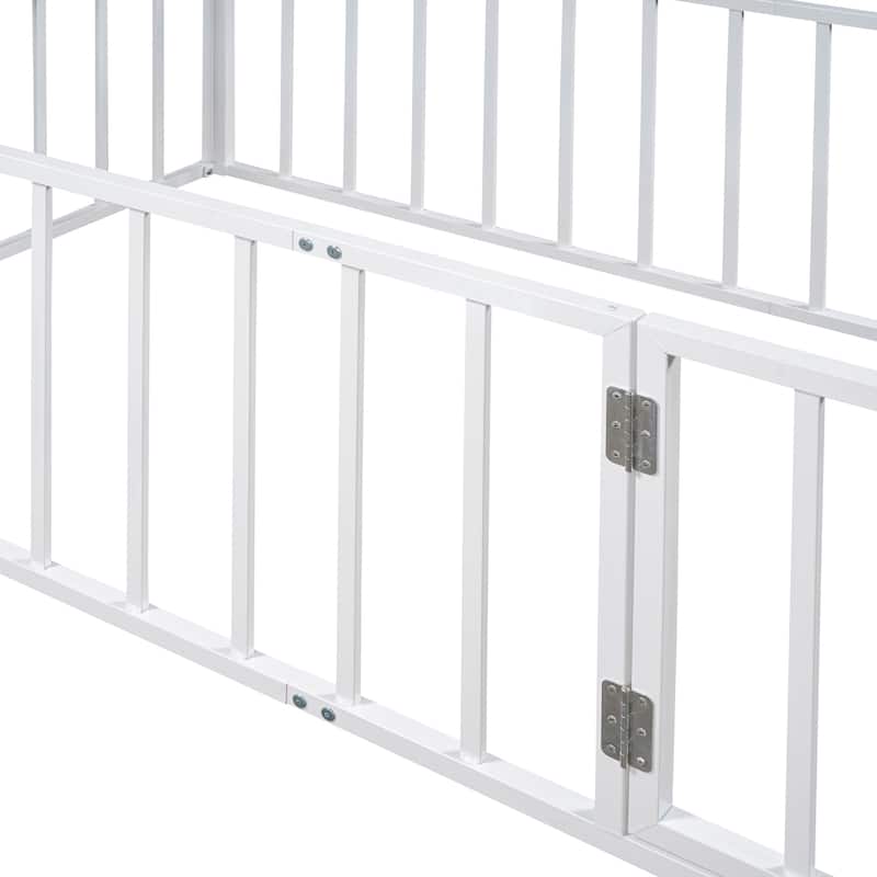 Twin Size Metal Floor Bed Frame with Fence and Door for Kids' Bedroom
