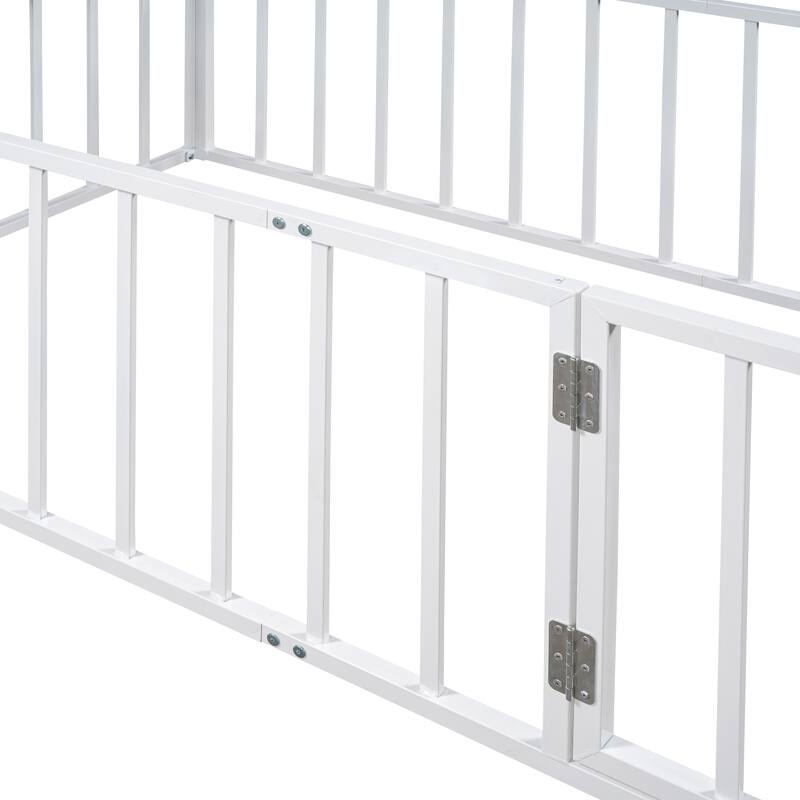 White Twin Size Metal Floor Bed Frame with Fence & Door