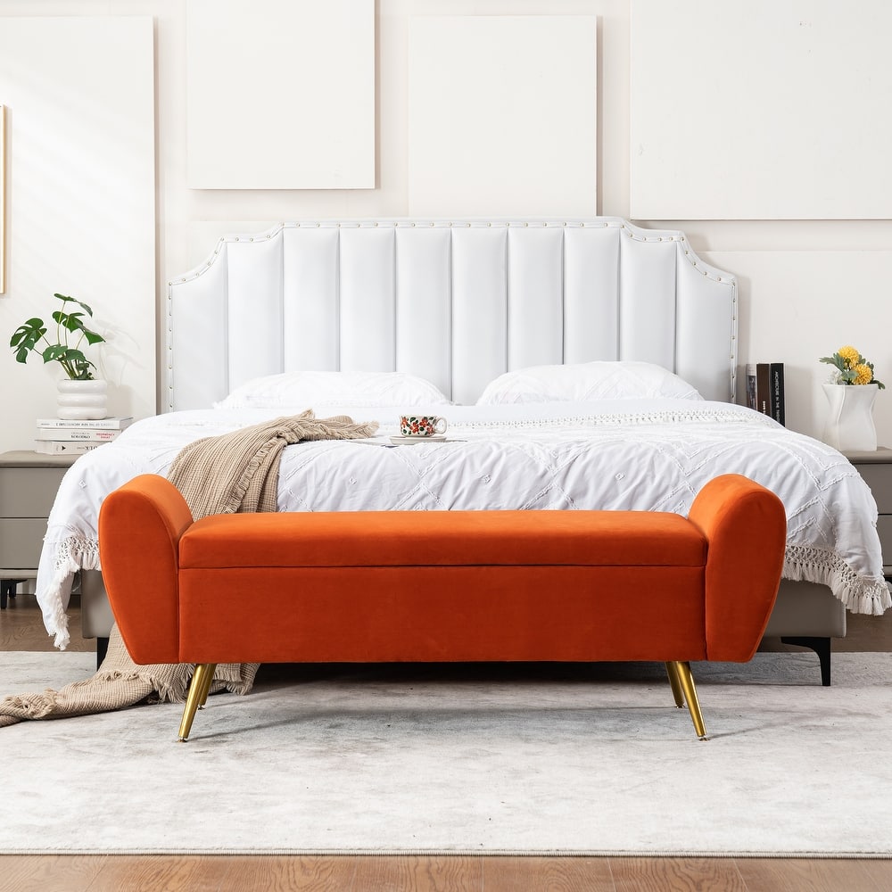 Upholstered 55"W Flip Top Storage Bench Bedroom Bench Modern End of Bed Bench for Entryway Hallway Window with Gold Legs