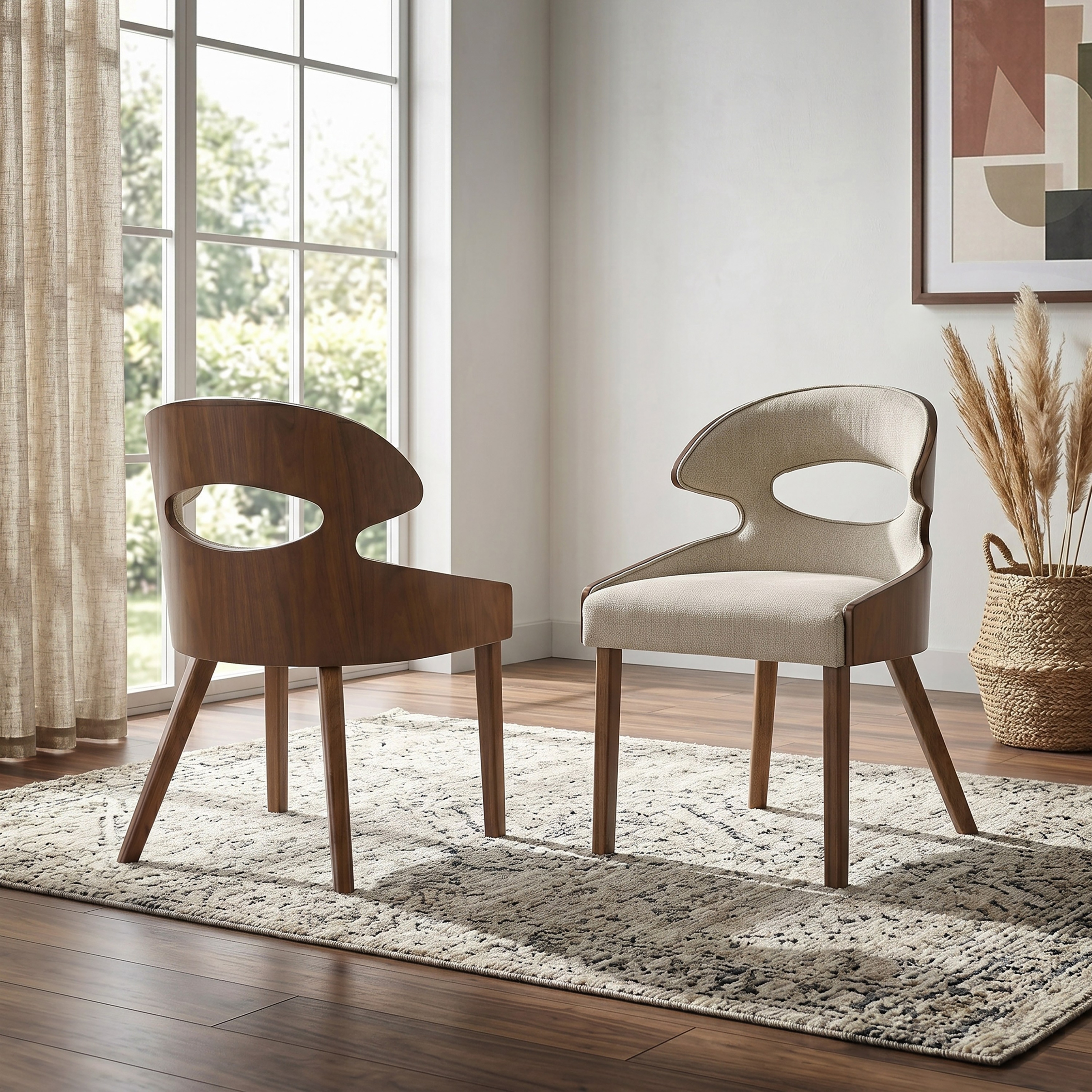 Furniture of America Lefevia Mid-Century Modern Walnut Wood Beige Fabric Upholstered Dining Side Chair (Set of 2)