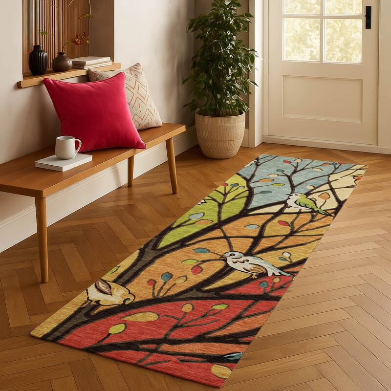 Machine Washable Indoor/ Outdoor Bird Mosaic Chantille Rug