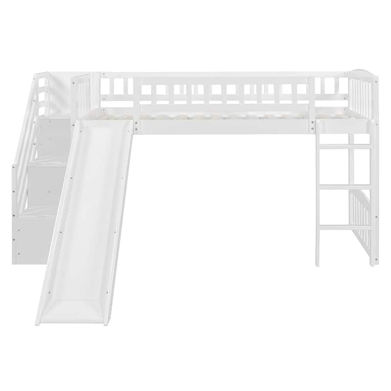 All-in-one Loft Bed Built-in Ladder Wood Frame Loft Bed with Slide, 2 Drawers, Storage Stairs & Underbed Activity Space for Kids