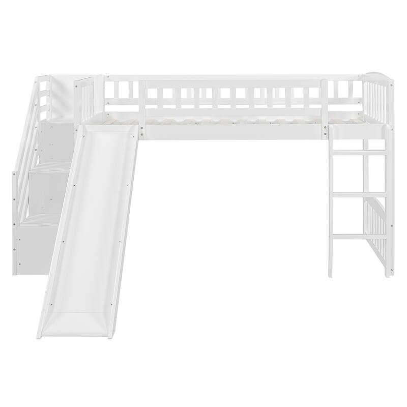 Stairway Twin Size Loft Bed with Two Drawers and Slide, White