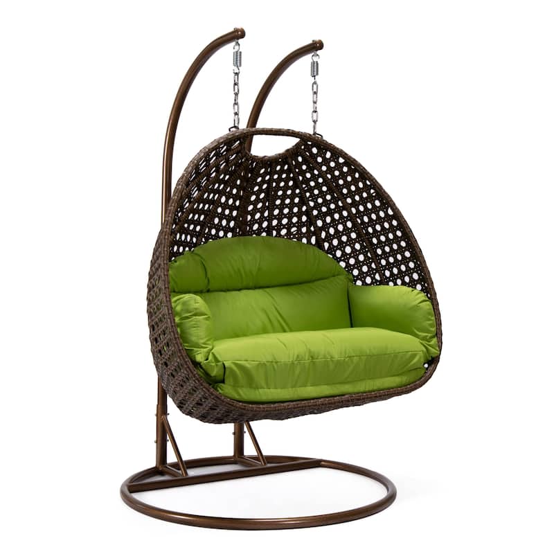 LeisureMod Mendoza Dark Brown 2 Seater Wicker Patio Hanging Double Swing Chair for Patio Porch Backyard Garden - 53" - Light Green