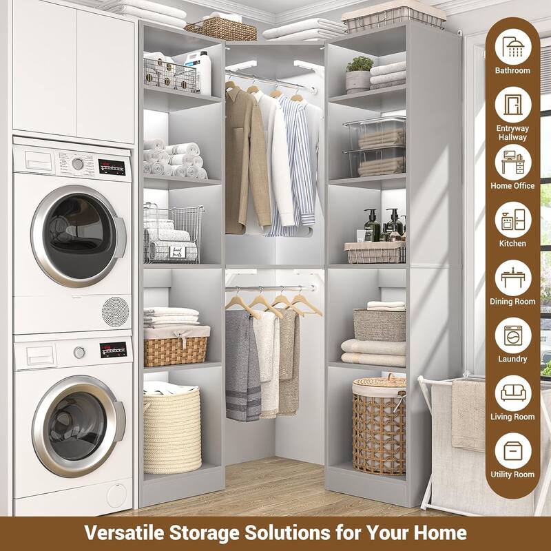 Kyrvo Corner Closet System with 12 Shelves and 2 Hanging Rods, 40"W x 80"H Freestanding Walk-in Closet Organizer System