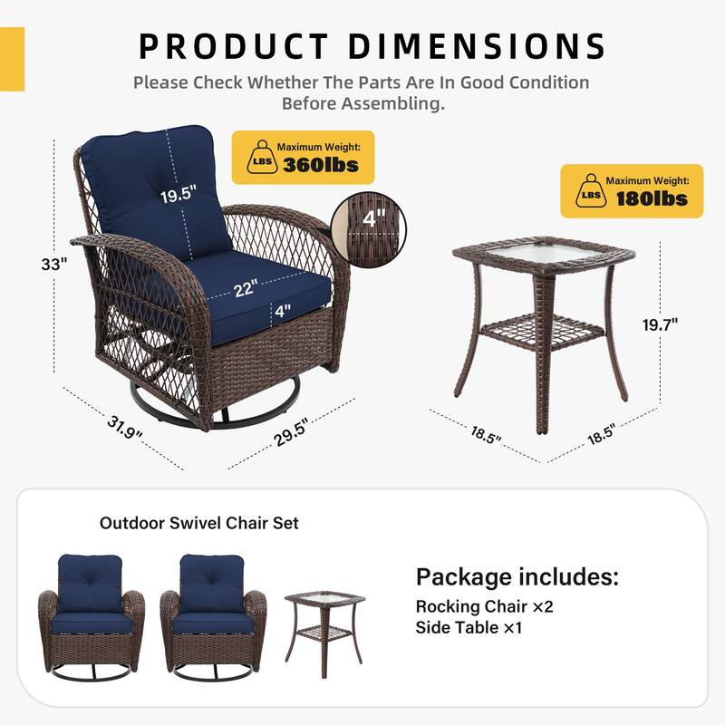 UPHA 3-Piece Patio Outdoor Wicker Swivel Rocking Chair Set with Side Table and Cushions