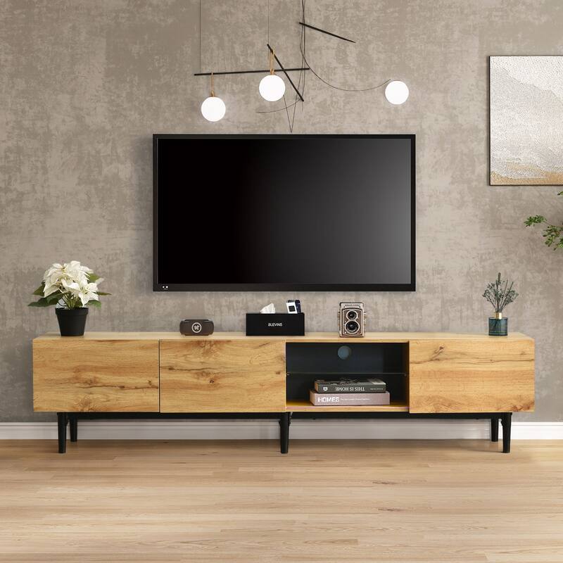 LED Light TV Stand for 80" TVs, Modern Entertainment Center with 4 Cabinets & Open Shelves, Drop Down Door