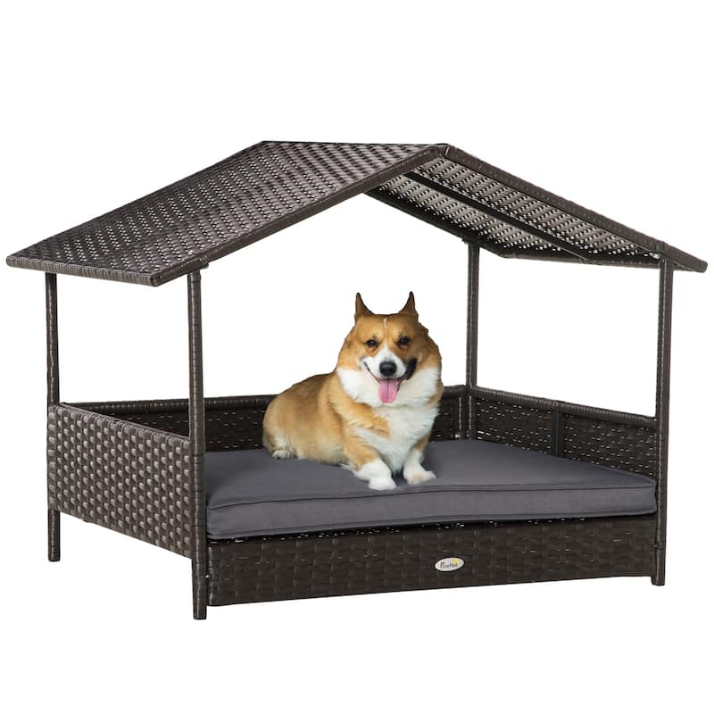 Wicker Dog House Outdoor with Canopy, Rattan Dog Bed with Water-resistant Cushion, for Small and Medium Dogs - Gray