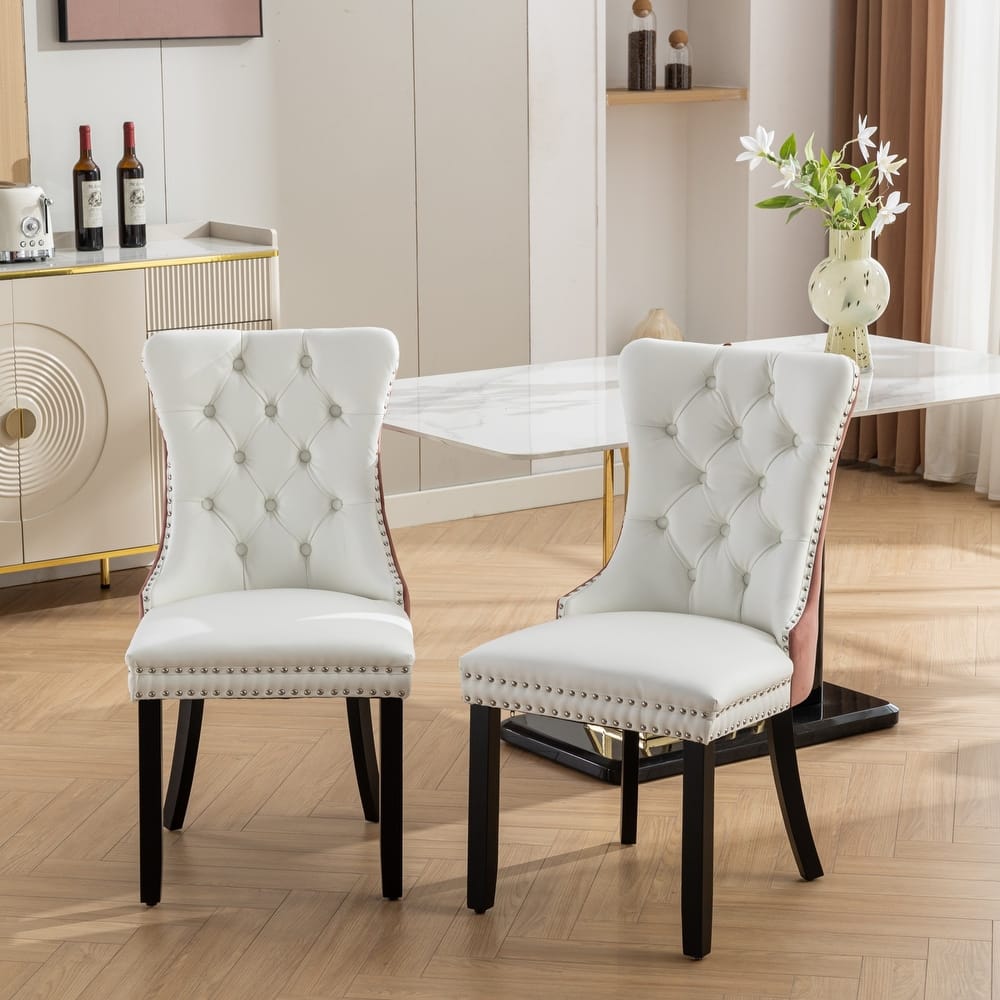 Roomfitters Tufted Dining Chair Set of 2, PU Leather & Velvet Upholstered Accent Chairs with Nailhead Trim