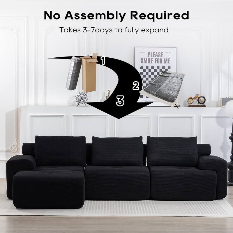 L-Shaped Sectional Convertible Sofa Bed, Corduroy Fabric, Steel Frame, Black