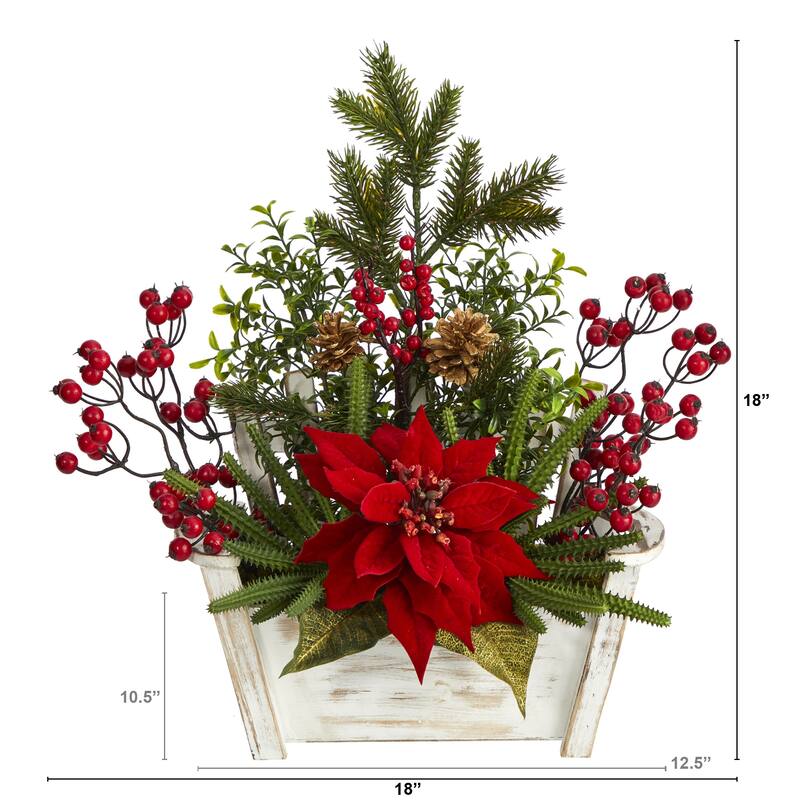 18” Poinsettia with Succulent and Berry Artificial Floral Arrangement in Wooden Bench Vase