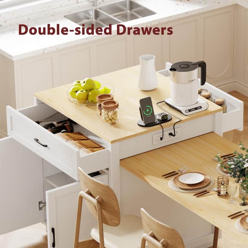 82.7" Wooden 4-6 Person Kitchen Island with Extendable Dining Table and Double-sized Storage