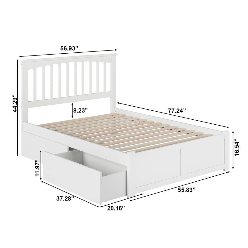 Mission Full Solid Wood Platform Bed with Footboard & 2 Storage Drawers in White