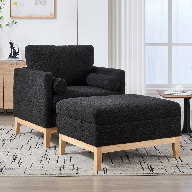 Boucle Armchair with Storage Ottoman - 300lb Capacity, Farmhouse Style