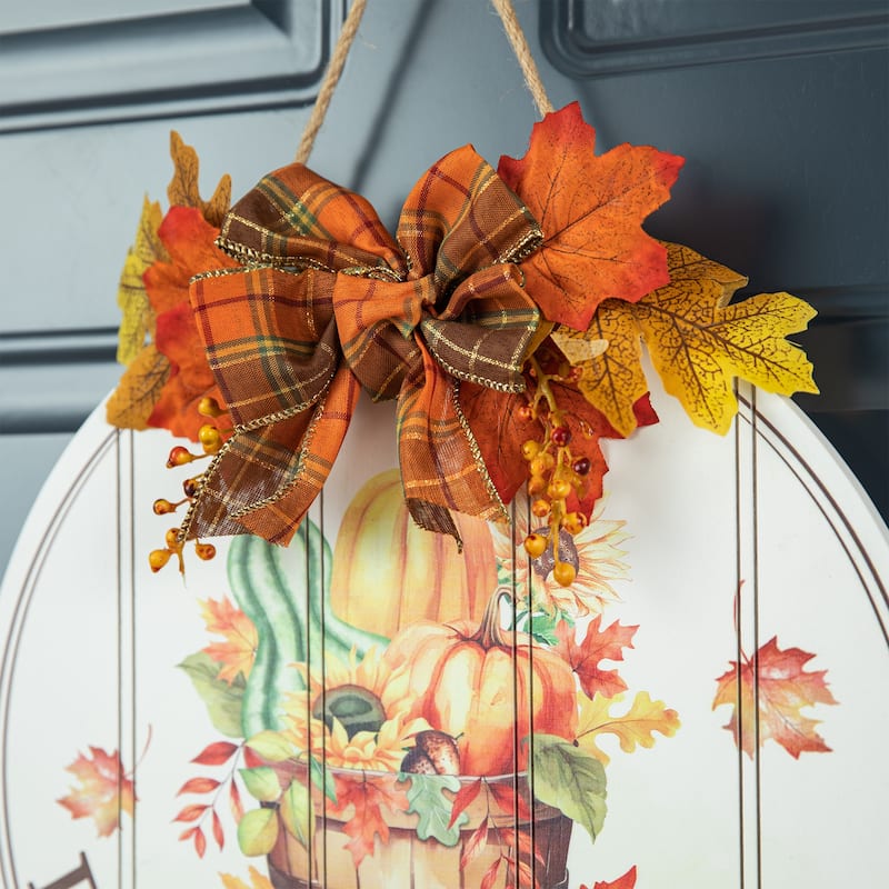 Glitzhome 15"D Hello Fall Wooden Pumpkins Word Sign with Floral Door Hanger