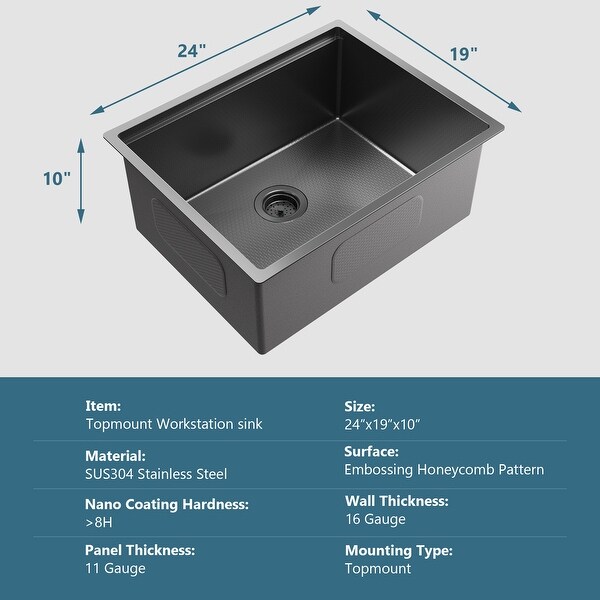 Undermount Single Basin Kitchen Sink 24 Inch Honeycomb Pattern Nano   24 Inch Honeycomb Pattern Nano Coated Workstation Sink 