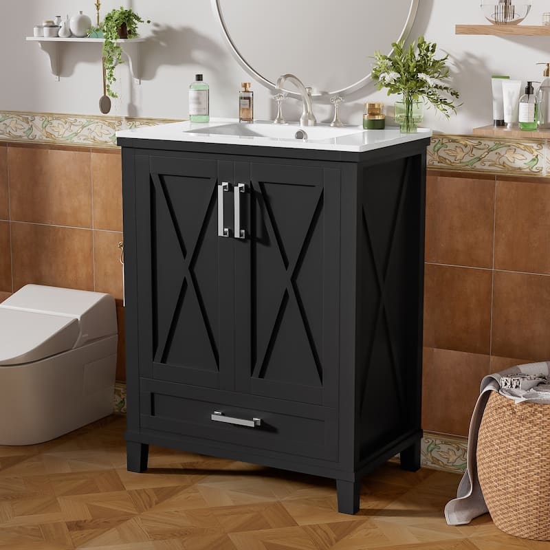 24" Bathroom Vanity with Ceramic Sink Bathroom Storage Cabinet with Divided Drawer and Storage Shelves