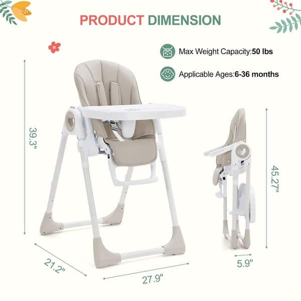 dimension image slide 0 of 3, Foldable High Chair for Babies and Toddlers with Adjustable Height & Footrests