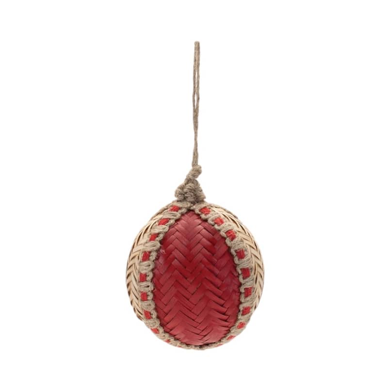 HomeRoots Set of Four Red And Natural Woven Bamboo Ball Ornaments