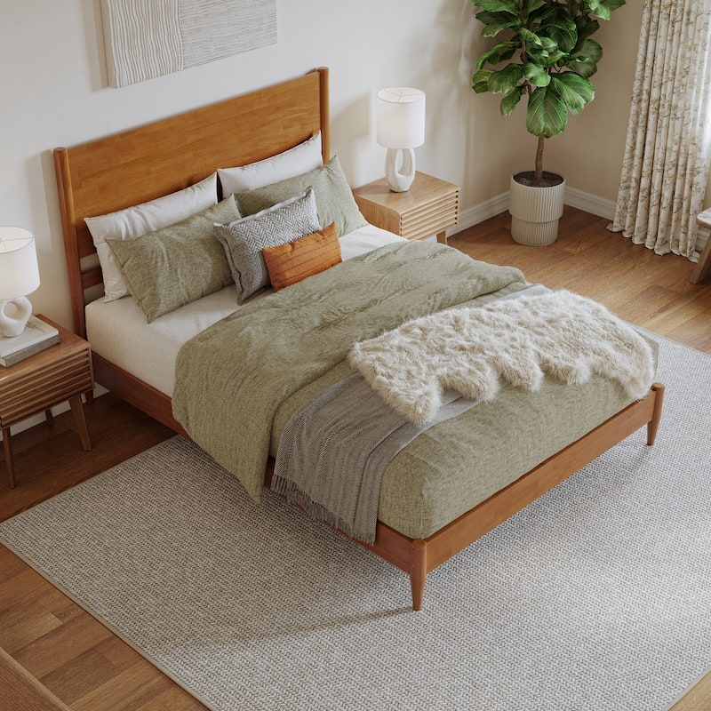 Solid Wood Low Profile Platform Bed - Modern Bedroom Bed Frame - Light Toffee Finish