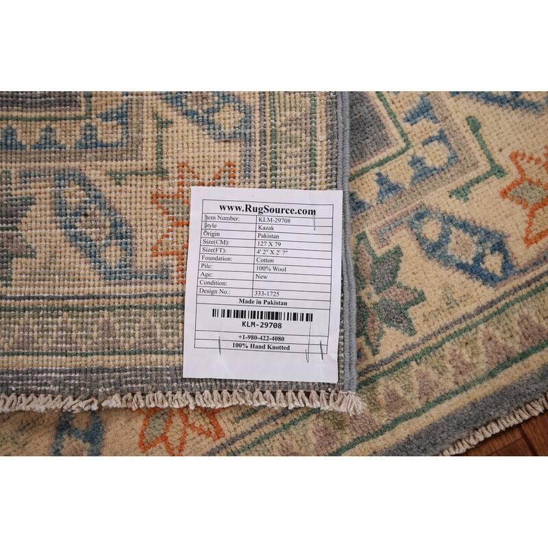 Geometric Kazak Accent Rug Hand-Knotted Grey Wool Carpet - 2'7" x 4'2"