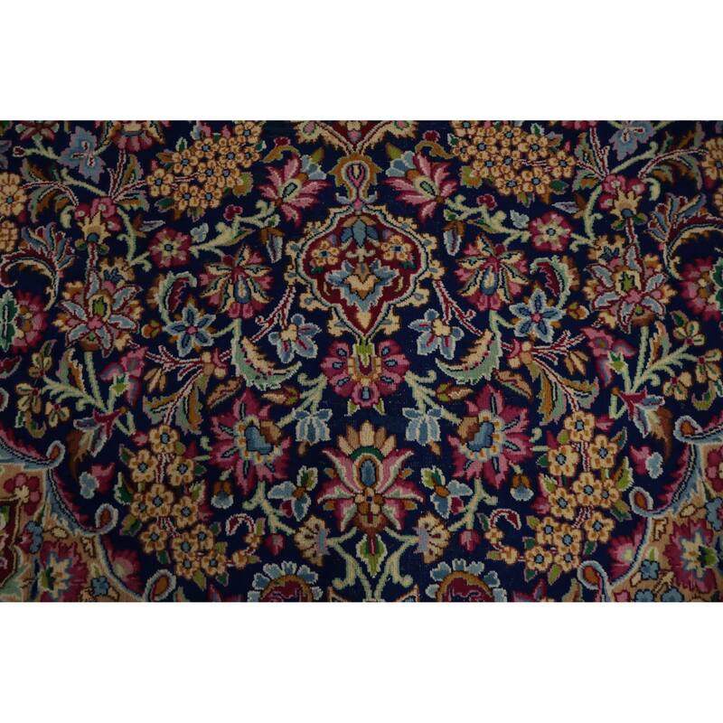 Hand Knotted Oriental 100% Wool Carpet Traditional Floral Navy Blue & Blues Kerman Area Rug - 13' 0'' X 9' 11''